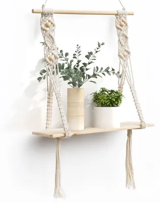 Image de Étagère murale en bois, étagère murale en macramé, décoration murale bohème, étagère flottante avec pompons, étagère suspendue tissée à la main en bois flotté naturel, étagères flottantes élégantes pour le salon, la chambre et la salle de bains.