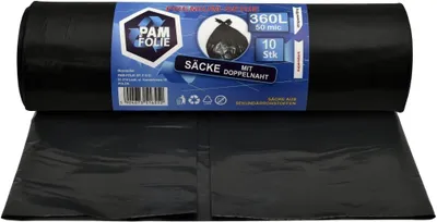 Produktbild von PAM-FOLIE Müllsäcke 360L - 10 Stück - XXL Große, Extra Stark, Dicke Abfallsäcke, Premium - 120x150cm - 50µm - schwarzer Müllbeutel
