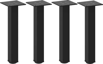 Four black metal table legs are arranged in a row against a white background.