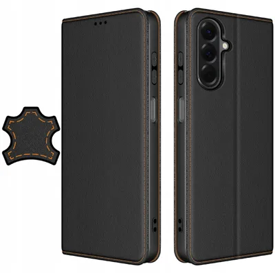 Produktbild von Lederhülle für Samsung A18, schwarz, mit Magnetverschluss + Displayschutzglas