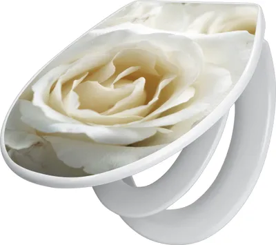 A toilet seat with a white rose design.
