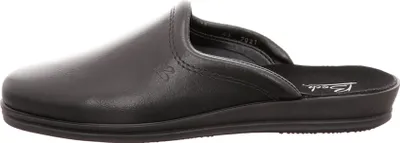 A side view of a black leather slipper.