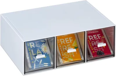 Productafbeelding van Theedoos - 3 vaks - Kunststof - Verticaal of horizontaal - Stapelbaar - Theezakjes organizer - Wit - Transparant