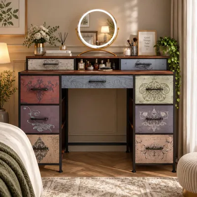 Productafbeelding van INONEFT Make-up tafel van hout met 9 lades, vintage make-up tafel, commode, opbergkast, geschikt voor slaapkamer, woonkamer, hal, in retro-stijl, AI-gegenereerde afbeelding
