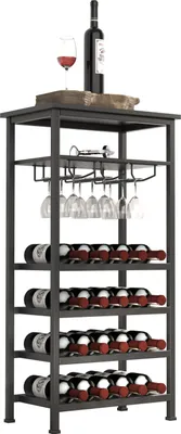 A black metal wine rack with multiple shelves, holding wine bottles and wine glasses. A bottle of wine and a glass of wine are on the top shelf.