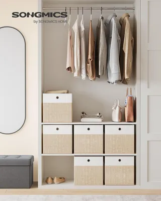 Obrázek produktu pro SONGMICS Úložné koše, sada 6 ks, skládací látkové boxy s PP deskami, do regálu, 30 x 30 x 30 cm, bílo-béžové