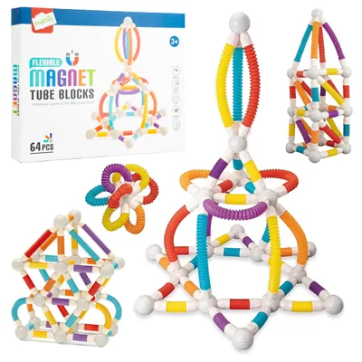 Immagine prodotto di Malplay - Tessere magnetiche, blocchi e tubi - Set da 60 pezzi - Tessere da costruzione 3D flessibili per bambini dai 3 anni in su - Regalo