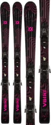 A pair of skis with bindings, presented against a white background.