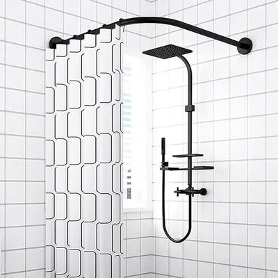 Produktbild von Unyqoos® Verstellbare L‑Duschvorhangstange (Eck) – teleskopisch, gebogen, 304 Edelstahl, bohrfrei/bohrbar, 90–130×90–130 cm, Ø 2,5 cm, schwarz