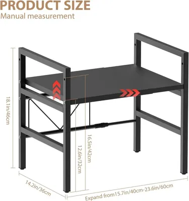 Zdjęcie produktu dla Półka na mikrofalówkę - 2-poziomowa półka kuchenna - regulowana szerokość 40–60 cm - nośność 60 kg - wolnostojąca - stal nierdzewna - z 6 haczykami - czarna