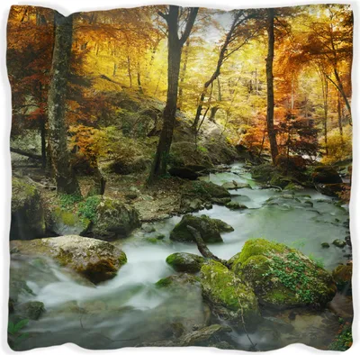 Produktbild von Wallario Premium Kissen, weiche Oberfläche, mit Motiv Wasserfall mit moosbedeckten Steinen im Herbstwald, Größe: 30 x 30 cm, mit weißer Rückseite