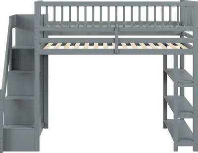 Produktbild von Hochbett 90x200cm Holzbett (Ohne Matratze) Kinderbett Einzelbett Mit Hochschrank-Sicherheitsleiter Kleiderschrank und Regalen Multifunktionsbett Grau