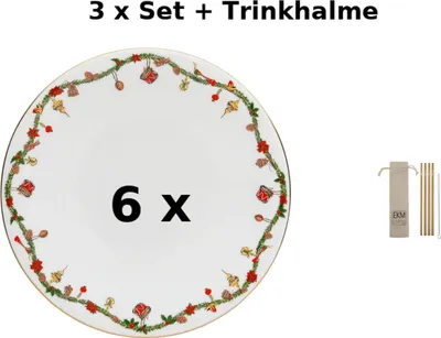 Zdjęcie produktu dla Set: 3× Hutschenreuther Teller 22 cm flach „Nora Christmas“ + Gratis Edelstahl-Trinkhalme 4er-Set | Art.-Nr. 02048-726037-10862 | EAN 4011699878760