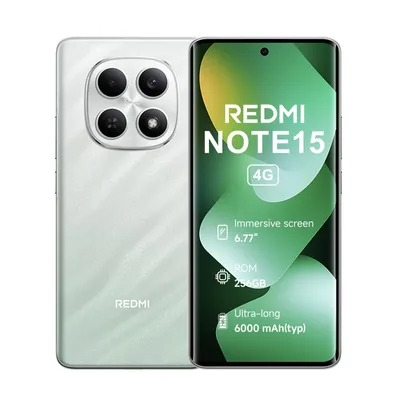 A marketing image showing two views of a smartphone, one with its back and camera array, and the other with its front display showing product specifications.