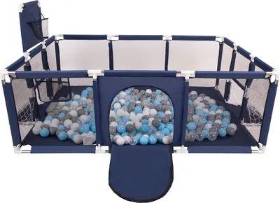 Produktbild von Selonis laufstall baby großer spielplatz mit 100 bälle bälle laufgitter für kinder, dunkelblau:grau/weiß/transparent/babyblue