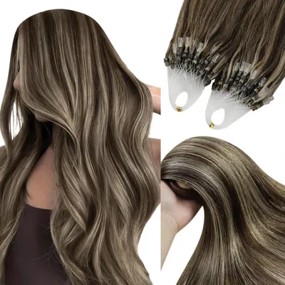 Obrázek produktu pro Microringové prodlužování vlasů, přírodní vlasy, tmavě hnědé s blond melírem, délka 55 cm, hmotnost 50 g