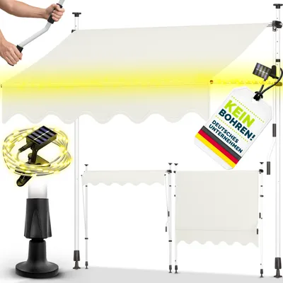 Immagine prodotto di tillvex tenda a morsetto 250 cm beige con LED solare con manovella balcone | tenda da balcone senza foratura | tenda resistente ai raggi UV e regolabile in altezza | protezione solare impermeabile