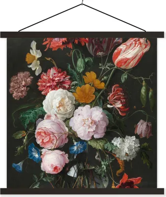 Obrázok produktu pre MuchoWow® Textilný plagát Zátišie s kvetmi v sklenenej váze - maľba od Jan Davidsz. de Heem 40x40 cm s čiernym rámom - Fotografie