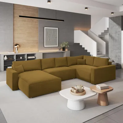 Produktbild von Masseno Ecksofa VELAMI R-S mit Schlaffunktion U-Form, Sofa mit Bettkasten, Wohnzimmersofa, Couch, Soffa, Bettsofa, Couchgarnitur- Gelb, MONOLITH 48