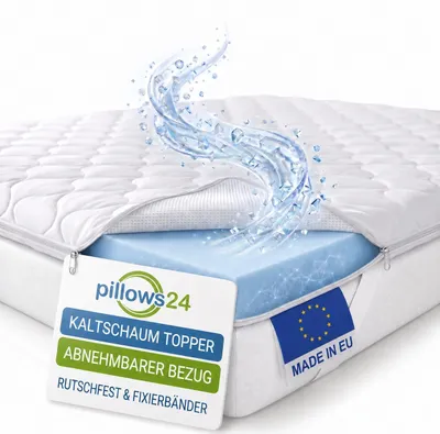 Produktbild von Pillows24 - Topper 90x200cm aus Kaltschaum - 6cm hoch - Matratzentopper mit abnehmbarem Bezug & rutschfester Unterseite | EU-Herstellung