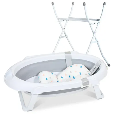 Immagine prodotto di Vaschetta da bagno pieghevole per neonati Vigevee, con supporto, tappetino antiscivolo, tubo di scarico e termometro, adatta per bambini da 0 a 3 mesi, colore grigio