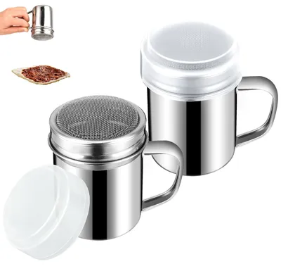 Productafbeelding van RVS poedersuikerstrooier - Set van 2 stuks met fijnmazig deksel - Voor het bestrooien van gebak en koffie - Zilverkleurig