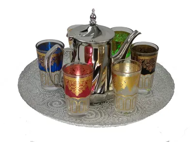 Marokkanische Teeset mit Tablett, Teekanne, 6 Gläsern, Metall