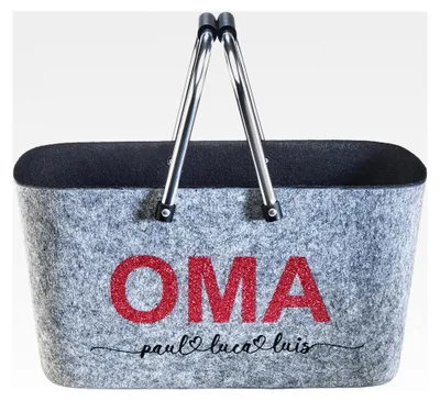 Produktbild von Personalisierbarer Filzkorb | 42x30x22 cm | grau-schwarz | moderner Einkaufskorb mit stabilen Henkeln | vielseitige Filztasche für Einkauf, Auto oder Aufbewahrung | robust, leicht und dekorativ