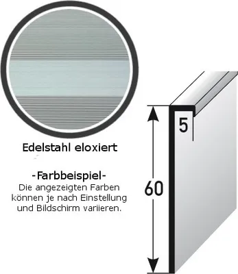 Produktbild von Einklebe-Sockelleiste für Designbeläge, Höhe: 60 mm, Breite: 5 mm, aus Aluminium (Edelstahloptik), ungebohrt, Typ: 381