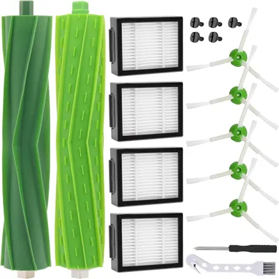 A collection of cleaning accessories for a robot vacuum cleaner, including brushes, filters, and a small screwdriver.