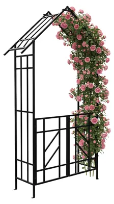 Produktbild von Relaxdays Rosenbogen mit Tor, Spitzdach, Rankhilfe, Vorgarten & Garten, Torbogen HBT: 247 x 148 x 43 cm, Metall, schwarz