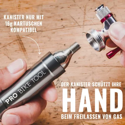 Immagine prodotto di Pompa a cartuccia CO2 Pro Bike Tool - Modello: BP-CO2 - Gonfiatore per un gonfiaggio rapido, adatto a valvole Presta e Schrader, ideale per bici da strada e mountain bike, con contenitore in metallo - senza cartucce di CO2