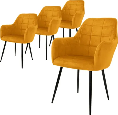 Obrázok produktu pre ML-Design sada 4 jedálenských stoličiek s operadlom a podrúčkami, horčicovo žltá, kuchynská stolička so zamatovým poťahom, čalúnená stolička s kovovými nohami