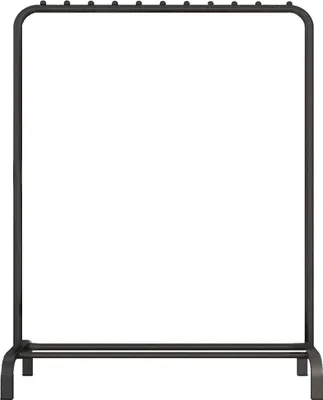 A black metal garment rack with a shoe shelf.