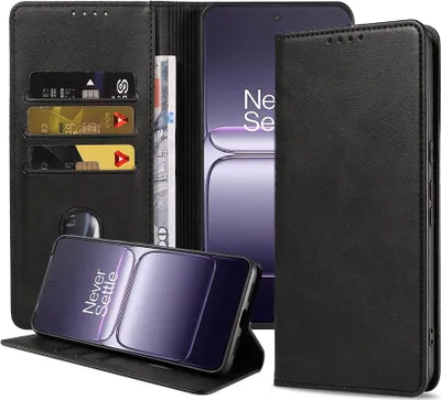 Zdjęcie produktu dla Etui na telefon OnePlus Nord CE 5 ze sztucznej skóry z magnetycznym zamknięciem i etui na karty z klapką - etui na portfel z kieszenią na karty - czarne - Smartphonica