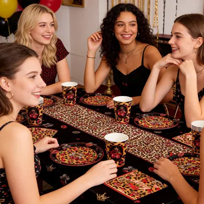 Imagen del producto de Juego de fiesta de 61 piezas con motivos de leopardo y cerezas, ideal para cumpleaños de niñas. Incluye decoración con motivos de labios y coronas, así como platos, vasos, servilletas y mantel para 20 invitados
