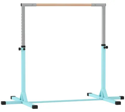 Produktbild von Gymnastik-Turnreck, Reckstange, 13-stufig höhenverstellbar, bis 75 kg belastbar, Stahl, Buchenholz, Hellblau