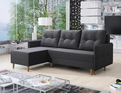 Produktbild von Easy4You Ecksofa FERN Dunkelgrau L-Form – 222x93x145 cm - Schlafsofa mit Bettkasten und Schlaffunktion - Eckcouch mit Stauraum und Holzfüße, Kissen – Stoff Lux 06