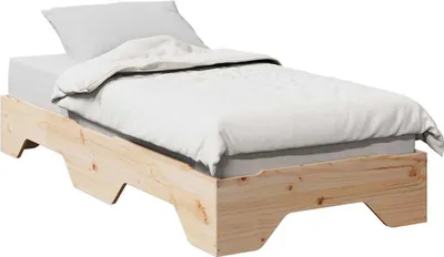 A single bed frame with bedding on a white background.