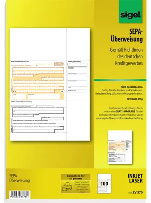 Image de SIGEL ZV570 PC-SEPA-Virement, Valable pour toutes les banques et caisses d'épargne, 100 pièces
