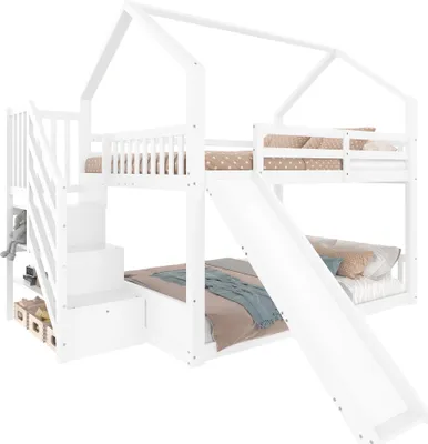 Produktbild von Etagenbett mit 2 Schlafgelegenheiten, Rutsche, Lattenrost, Rausfallschutz, 140x200cm, Kinderbett, Kiefer