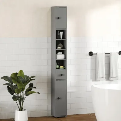 Image de Armoire de salle de bain étroite, meuble haut avec tiroir, 4 étagères ouvertes, panneau de particules, gris | 180 x 20 x 20 cm | Charge maximale : 30 kg