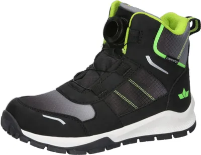 A single black and green children's boot is shown against a white background.