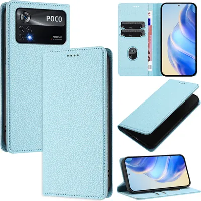 Produktbild von Litchi Leder Handyhülle für Xiaomi Poco X4 Pro 5G Wallet Kartenfächer Standfunktion Hülle Hellblau