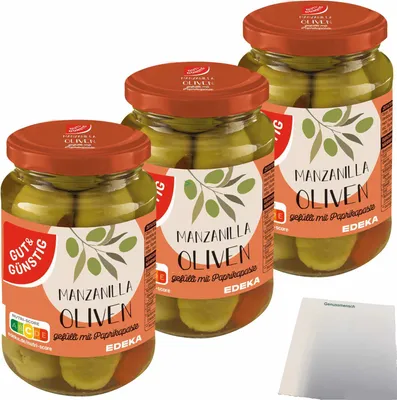 Produktbild von Gut & Günstig Gefüllte Manzanilla Oliven entsteint gefüllt mit Paprikapaste 3er Pack (3x340g Glas) + usy Block