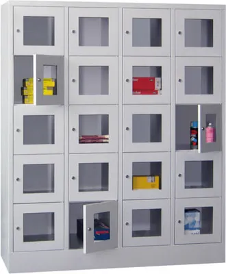 Produktbild von Schließfachschrank - Sichtfenstertüren - 20 Fächer a 400 mm - 1.850x1.600x500 mm (HxBxT) - Sockel - Drehriegel - feuerrot/resedagrün