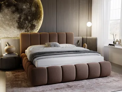 A luxurious bedroom with a large bed, moon-themed wall art, and ambient lighting.