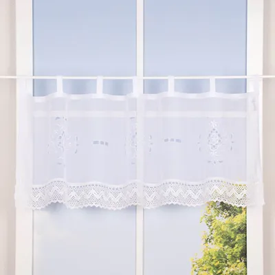 Produktbild von Cafehausgardine Schlaufen Leinenstruktur bestickt Blumen mit Häkelborte 45x120cm