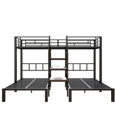 Zdjęcie produktu dla Łóżko piętrowe dla 3 osób – 90 x 200 cm – metalowa rama – listwa świetlna LED – drabinka z miejscem do przechowywania – 2 porty USB + gniazdko elektryczne – biurko i półka – czarne