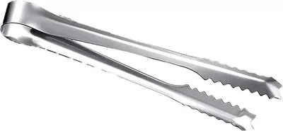 A pair of stainless steel tongs on a white background.